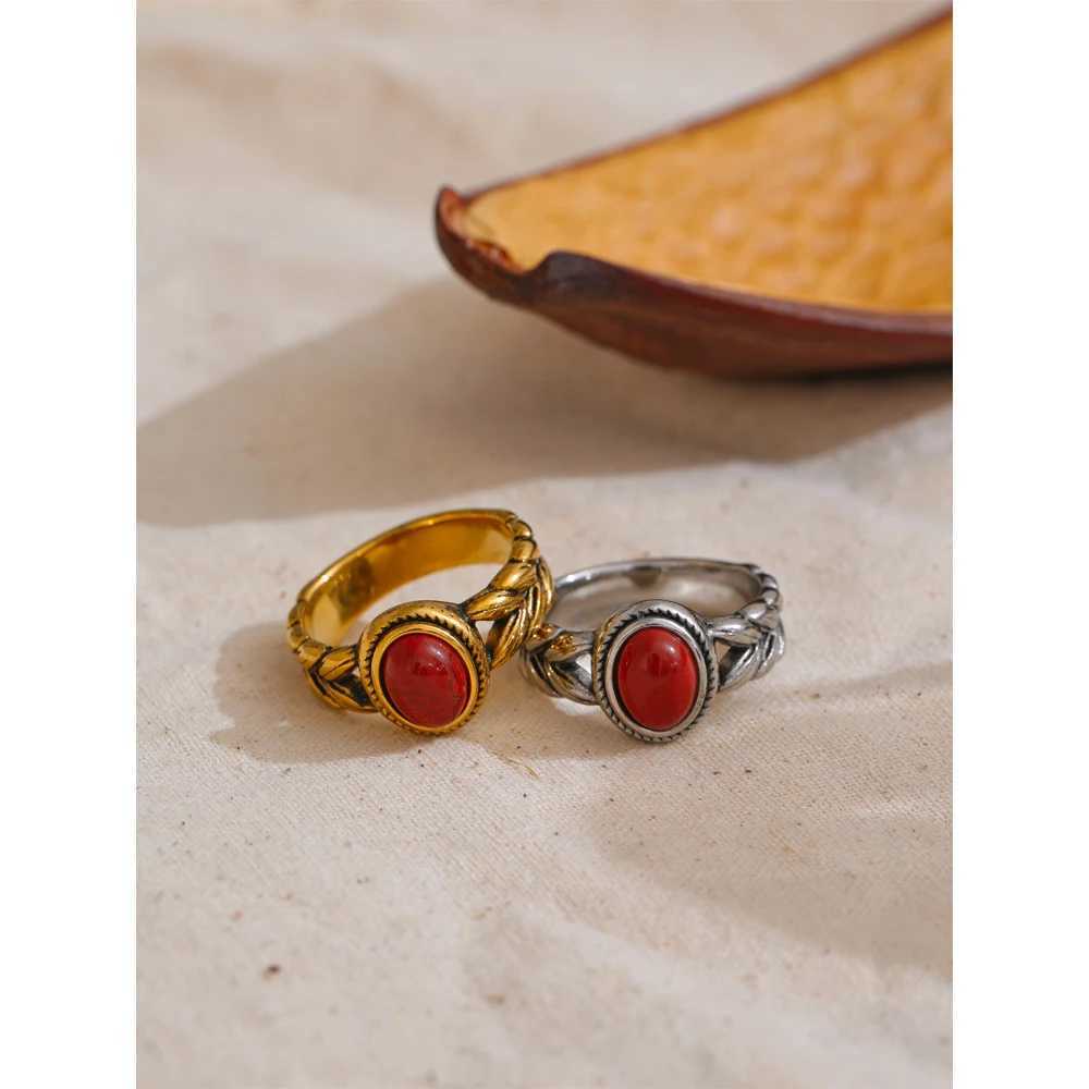 Yellow Retro Stainless Steel Red Gold Color Smearing Black Natural Stone Ring 18K PVD Plated Rust Proof Vintage Finger Jewelry X250220