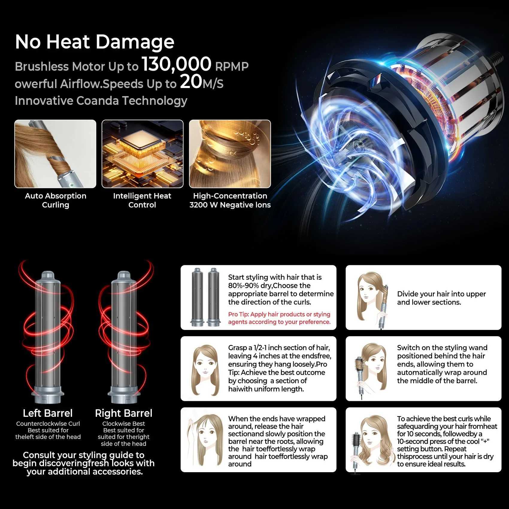 400W Professional 5 in Hair Dryer With Comb High-Speed Hot Air Brush Negative Ions Blow Dryer Brush Air Styling Curling Iron W250220