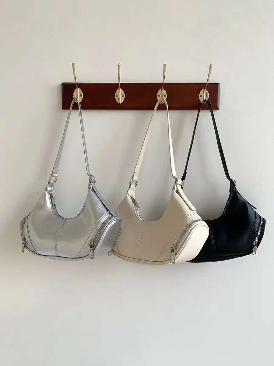 Korean Niche Design Retro Pillow Bag, Personalized Trendy Zipper Pocket Motorcycle Casual And Simple Armpit Bag