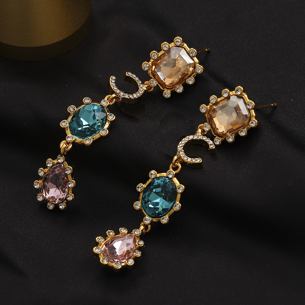 Elegant Gemstone Earrings Gold Tone with Multicolored Stones Women's Fashion Jewelry Crystal Drop Earrings