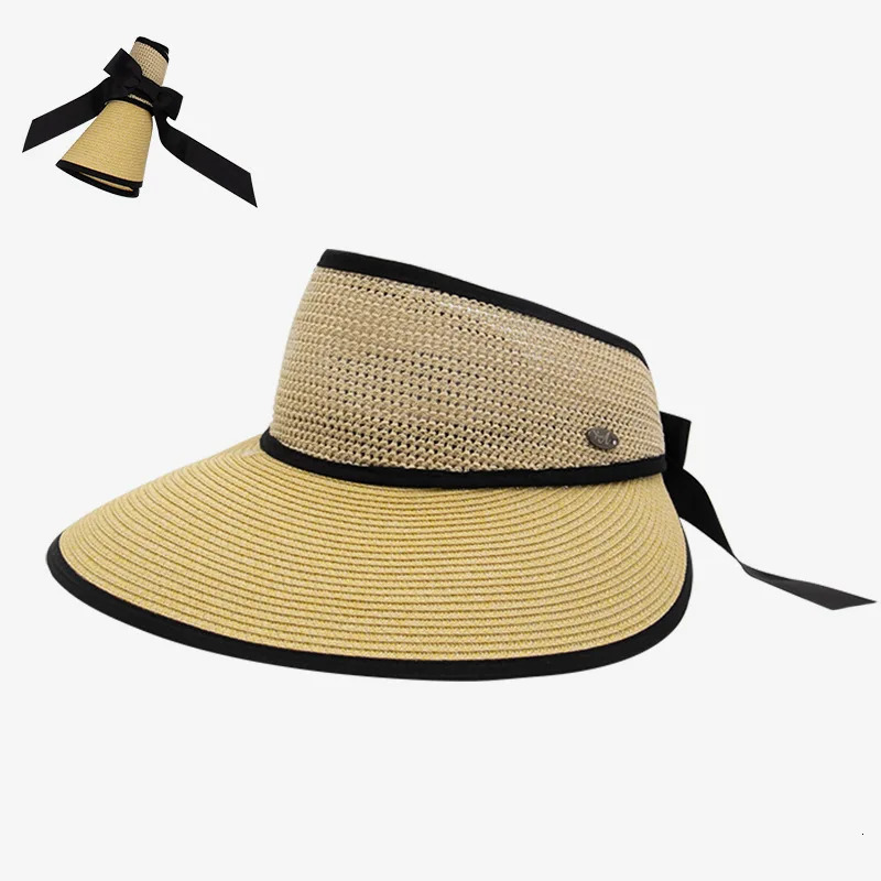 Summer Adjustable Ribbon Empty Top Straw Hats For Women Foldable Wide Large Brim Beach Hat Chapeau Femmeuv Protection Cap 250219