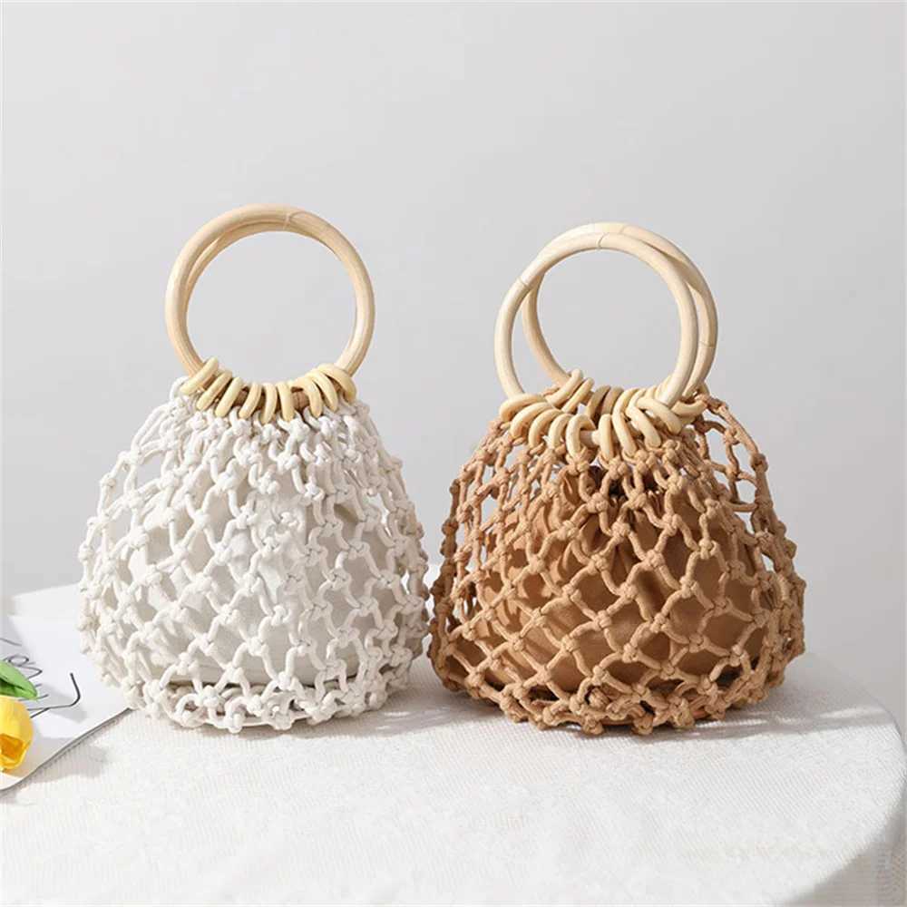 New Summer Straw Woven Beach Bag Rattan Ladies Purses Handbag Wrist Pack Women Handle Female Bucket Tote Bags Knit Travel Bags Z250219
