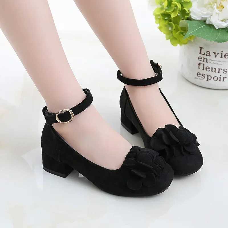 Girls High Heels Shoes for Wedding Party Kids Princess Leather Shoes with Floral Children Red Performance Shoes Flock Fabric X250220