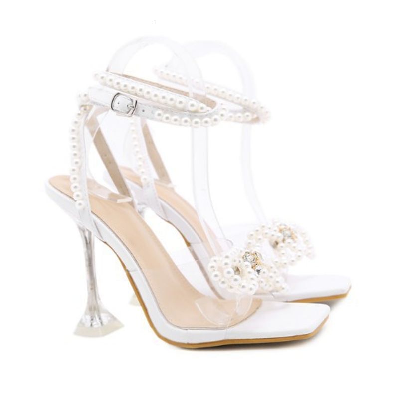 Women's Shoes New Large Size Square Head Transparent Wine Glass Pearl Rhie Bow High Heel Sandals