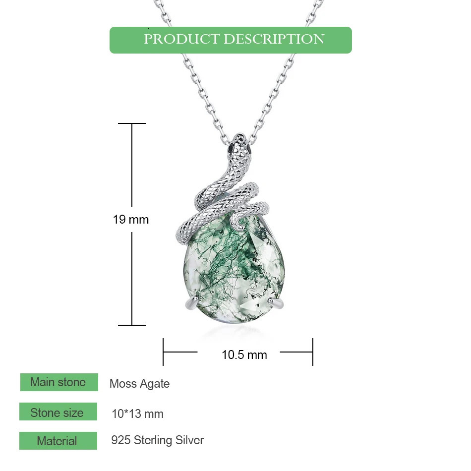 WES 925 Silver Snake Animal Teardrop Natural Green Moss Agate Pendant for Women Engagement Jewelry Year Gift Wholesale 250220