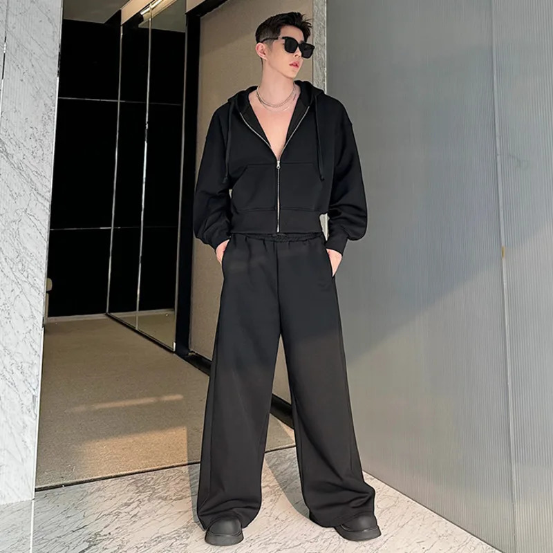 PFNW er Mens Two Piece Sports Pants Hollow Back Open Splicing Zipper Sweatshirt Wide Leg Pants Spring C5068 250220