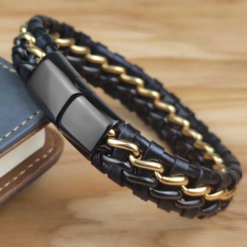 Genuine Leather Chain Bracelet for Men Magnetic Stainl Steel Clasp in Plated Gold Exclusive Jewellery Gift Wholesale DroppingXJ250219