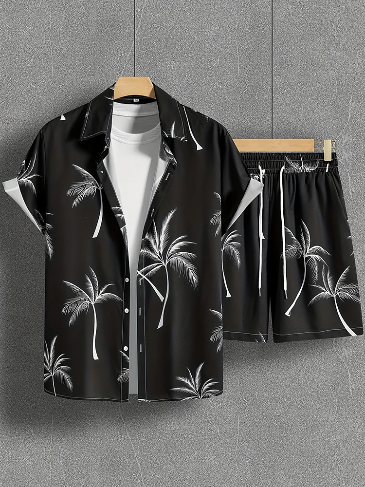 Coconut Tree Print Mens Short Sleeve Shirt And Beach Shorts Sets Summer Fashion Casual Loose Shirts Hawaiian Style Man 250220