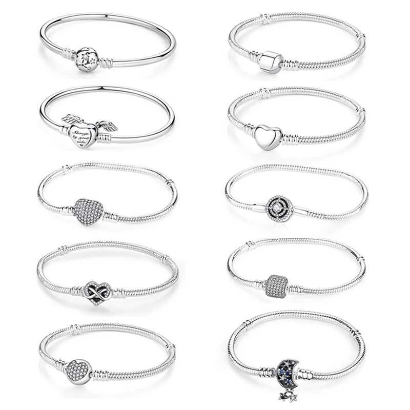 Original 925 Sterling Silver Bracelet For Women Charms Beads Rose Gold Heart Bracelets Bangles Snake Chain Luxury Jewelry GiftXJ250219