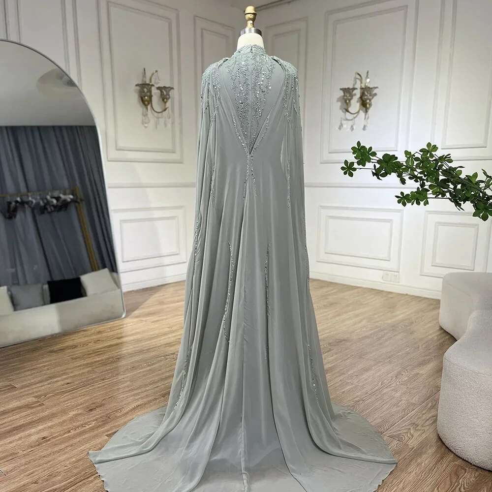 Sage Muslim Green Mermaid Long Cape Beaded Satin Evening Dresses Gowns For Women Party Customizbla A