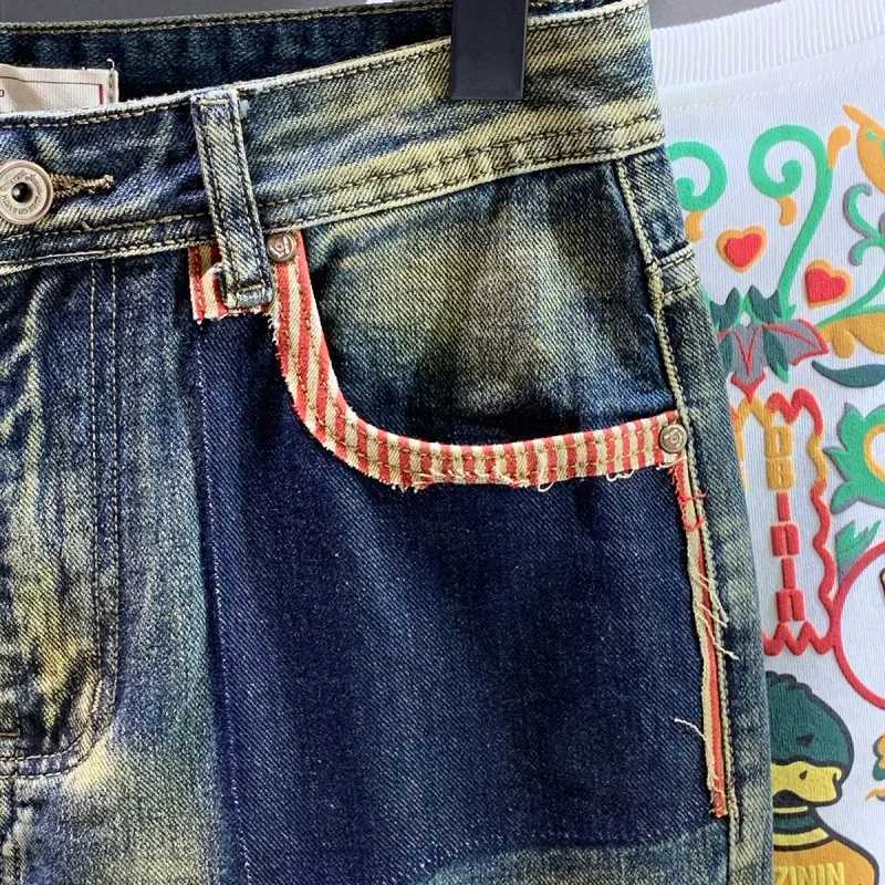 Retro jeans mens loose oversized fashionable patchwork design casual wide leg pants trend dad pants pocket pants X250220