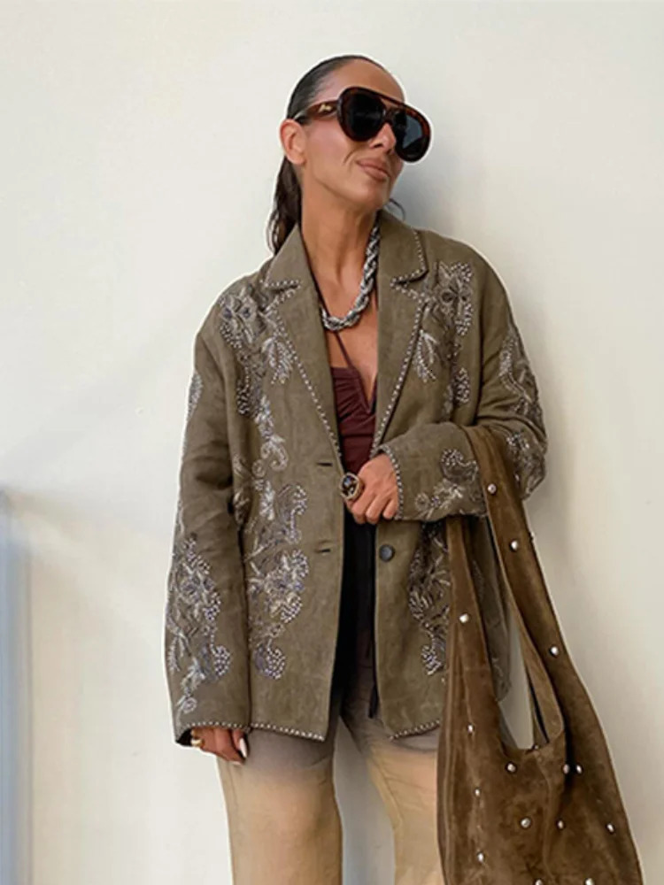 Embroidery Flower Bead Blazer Coat Women Chic Single Breasted Loose Turn-down Collar Jacket Autumn Vintage Outwear 250219
