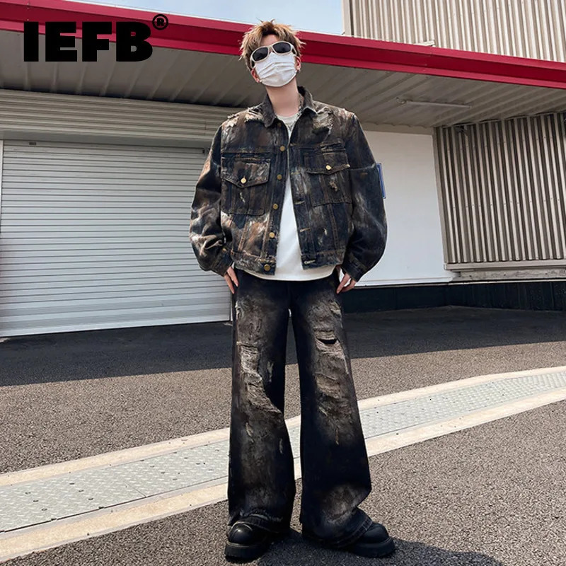 IEFB mens denim two-piece set mens suit lapel single chest jacket straight jeans 9C8911 250220