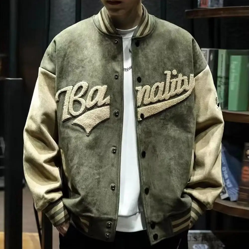 Autumn Winter Men Baseball Coat Suede Stand Collar Long Sleeve Baseball Jacket Embroidery Letter Print Single Breasted Men Coat 250219