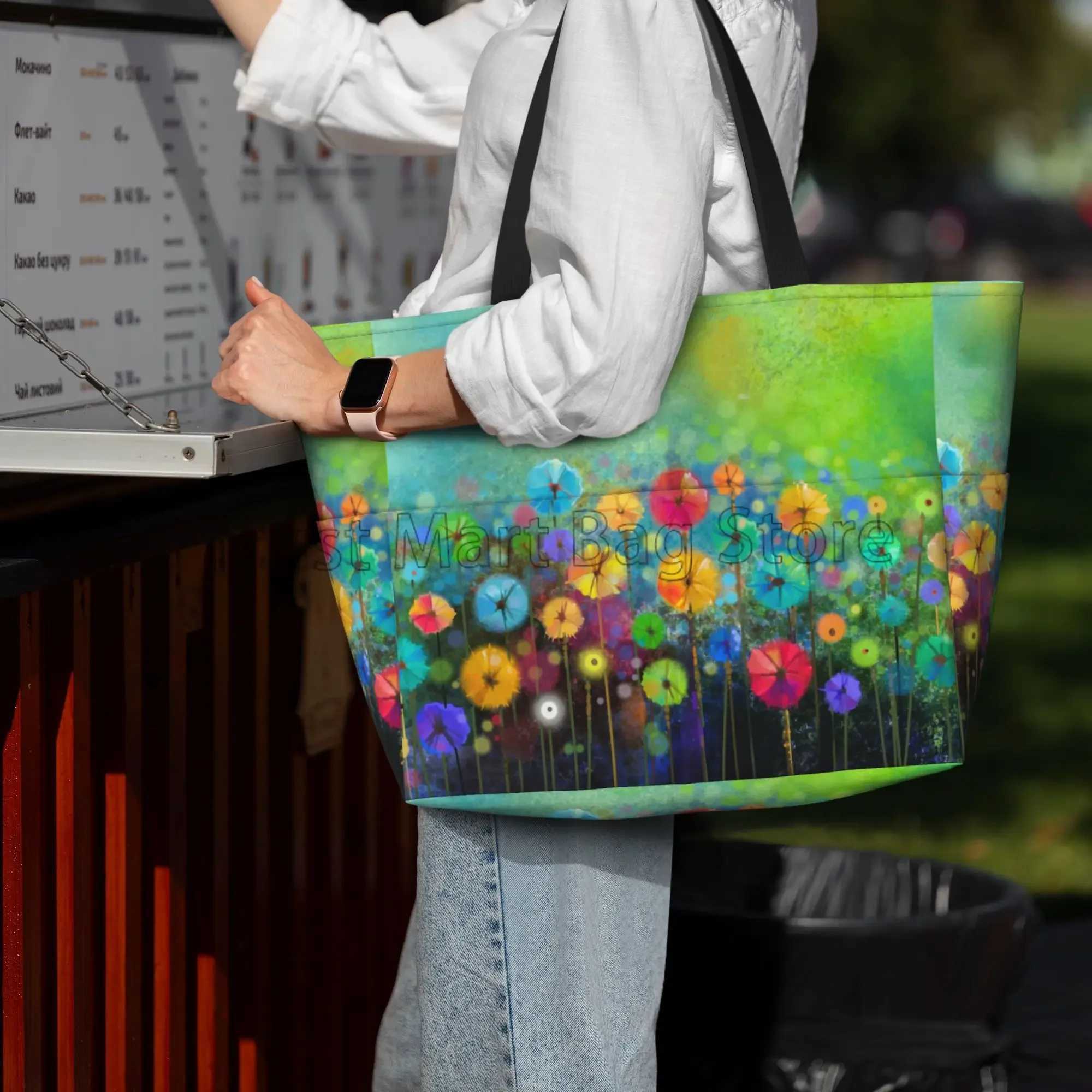 Abstract Flower Floral Watercolor Painting Large Waterproof Beach Bag for Women Sandproof Pool Tote Bag for Travel Vacation Swim Z250219