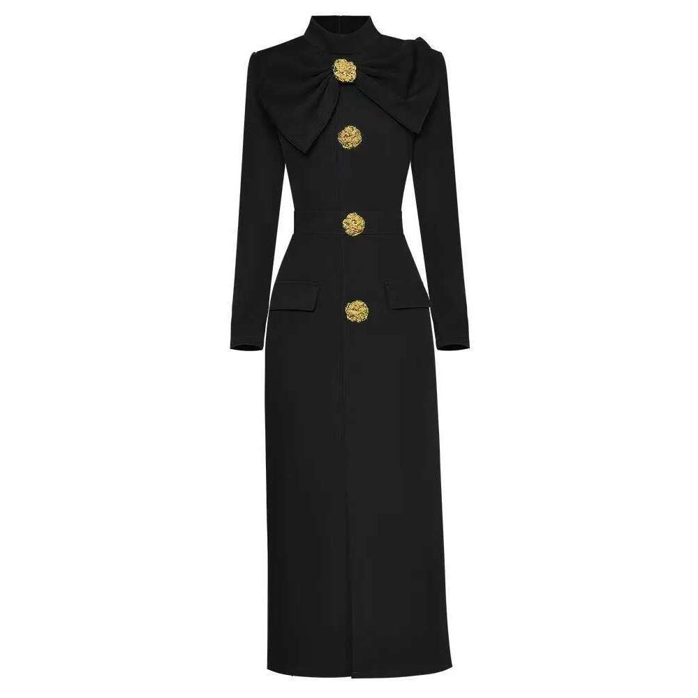 JAMERARY Spring Summer Dress For Women Fashion Golden Button Pearl Vintage Black Bow Long Sleeve Midi Woolen Dresses