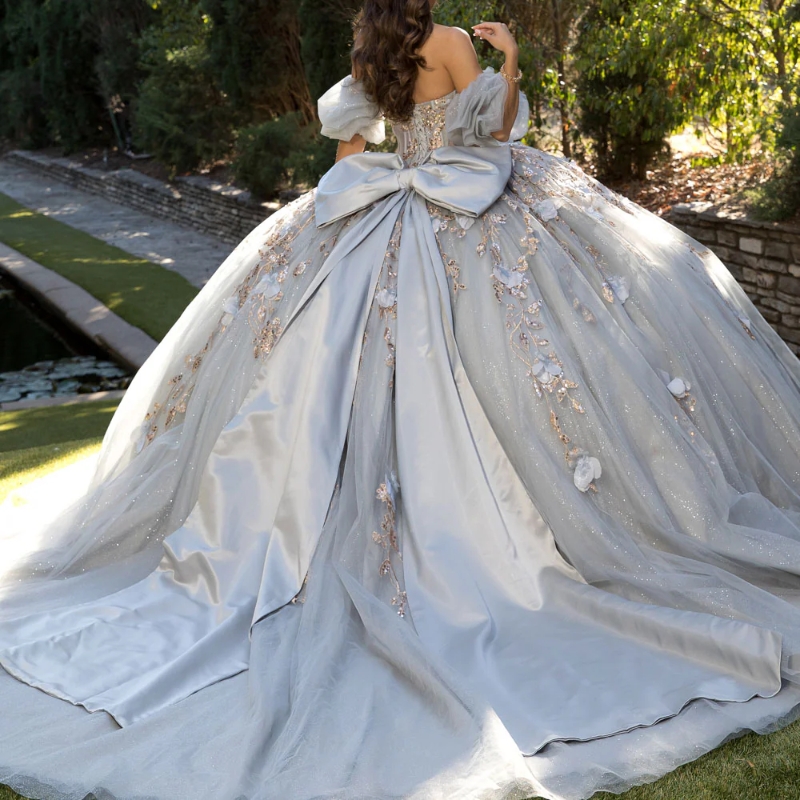 Gray Shiny Quinceanera Dresses Ball Gown Off Shoulder Appliques Flower Bow Beads Tull Corset Sweet 16 Dress Vestidos 15 de anos
