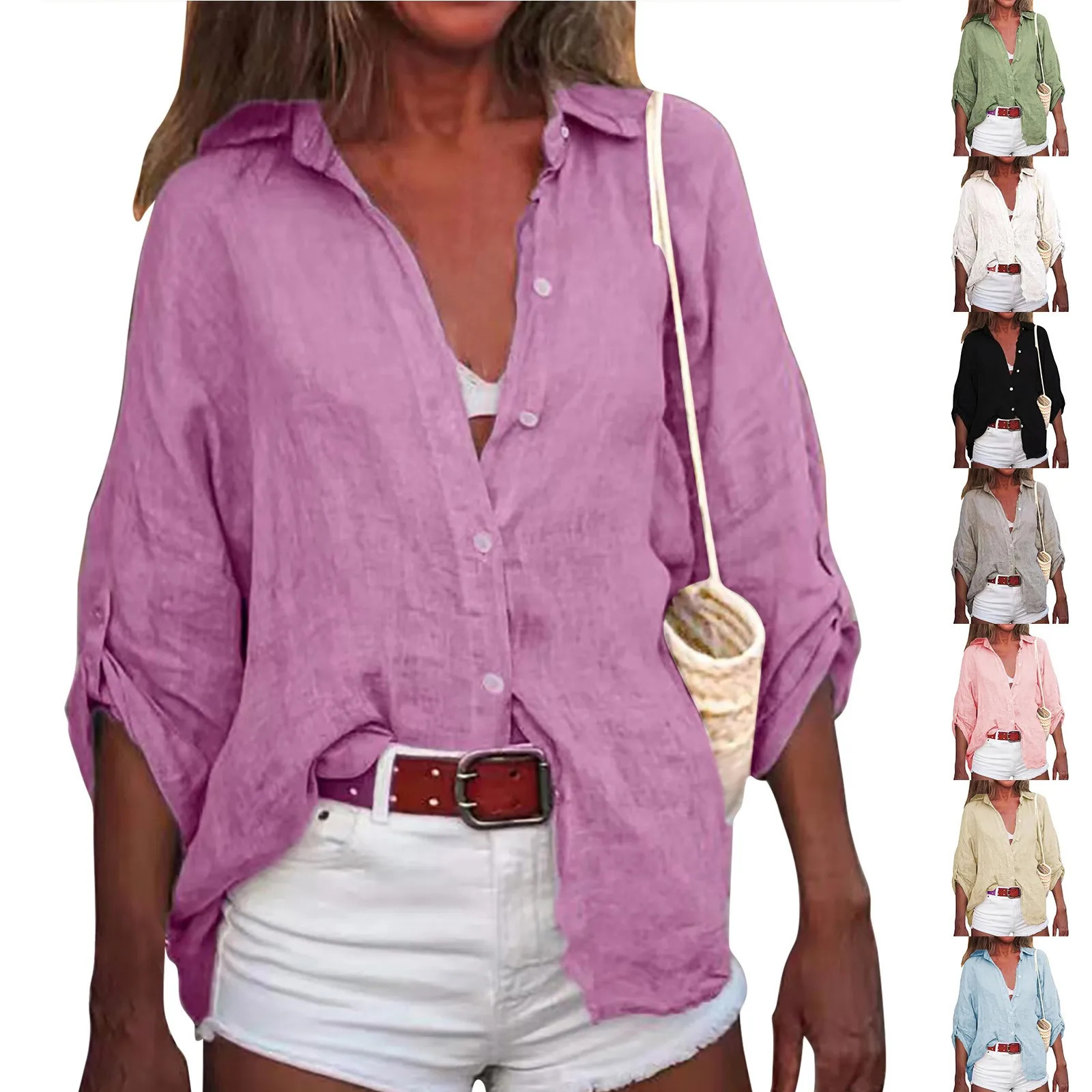 Summer Plus Size Cotton Linen Solid Color SevenPoint Sleeve Shirt VNeck For Ladies Loose Casual Lightweight Camisas De Mujer 250219