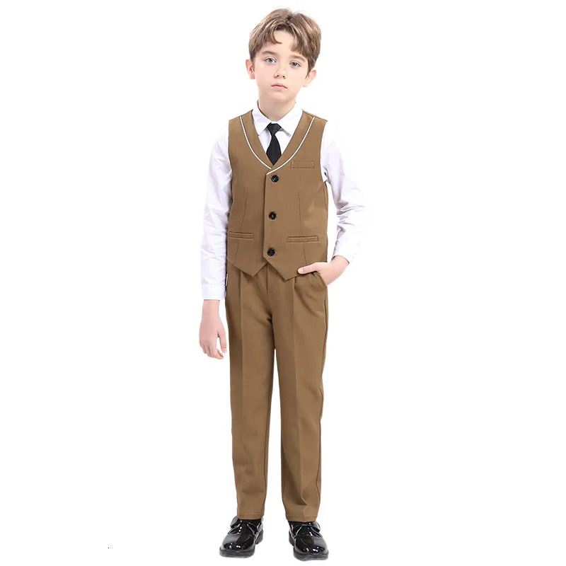 Boys Brown Vest Suit Set Children Piano Hosting Performance Birthday Pography Costume Kids Waistcoat Pants Tie Outfit 250219