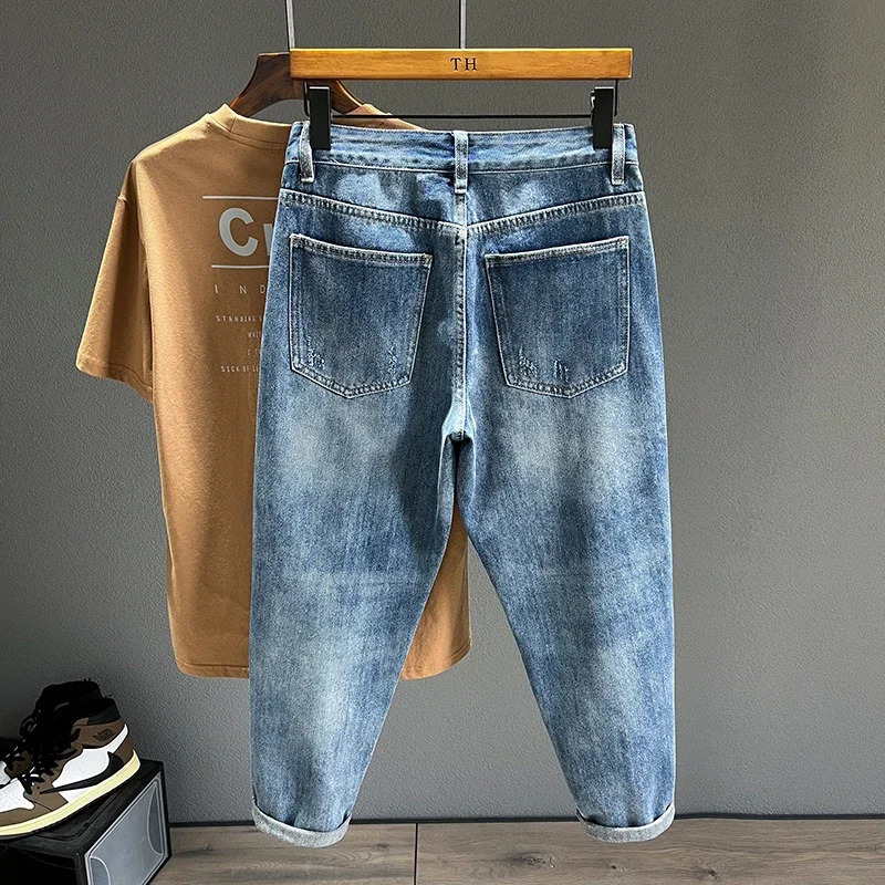 Mens Ripped Jeans Personality Fashion Tapered Hole Frayed Denim Trousers Streetwear Casual Vintage Blue Pants Male Clothes 250219