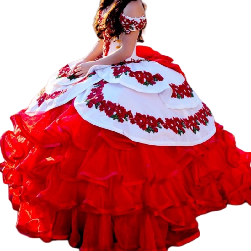 Charro Quinceanera Dress Off Shoulder Ball Gown prom Special Occasion Gowns Embroidery Floral Lace Appliques Crystals Beaded Sweet 16 Dresses Tiered