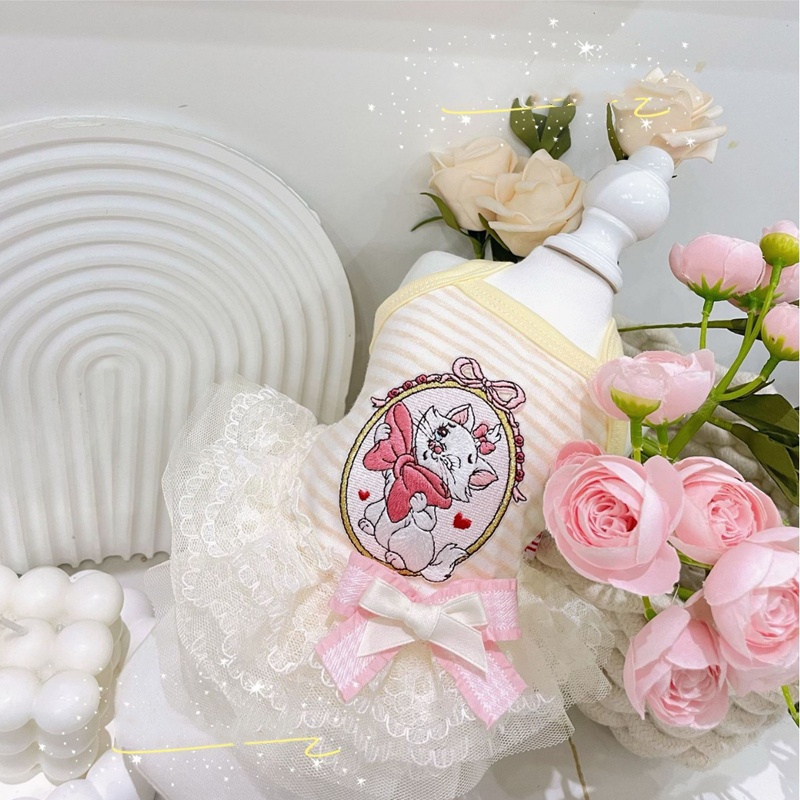 Summer Cute Cat Dog Dresses with Large Bow Decoration Floral Lace Trimem Broidery Cotton Puppy Clothes Perfect for Yorkshire Terrier, Teddy and Small 