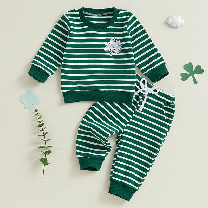 Lioraitiin 3M-3Y Toddler Baby Boy St Patricks Day Outfit Clover Embroidered Striped Long Sleeve Crewneck Sweatshirt Pants Set 250219