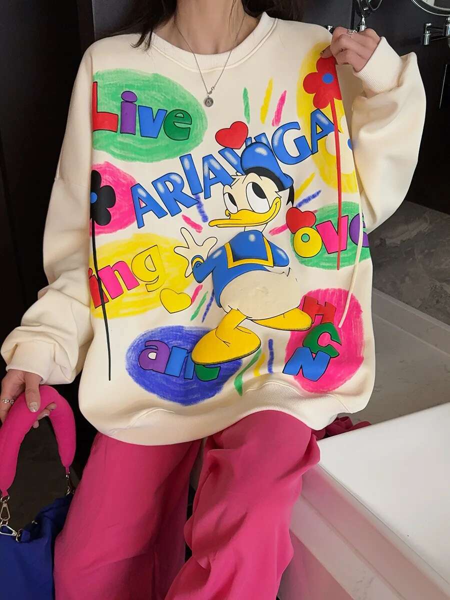 2024 Autumn New Heavy Industry Cartoon Contrasting Graffiti Print Sweatshirts Women's Versatile Casual High Street Top Sudaderas