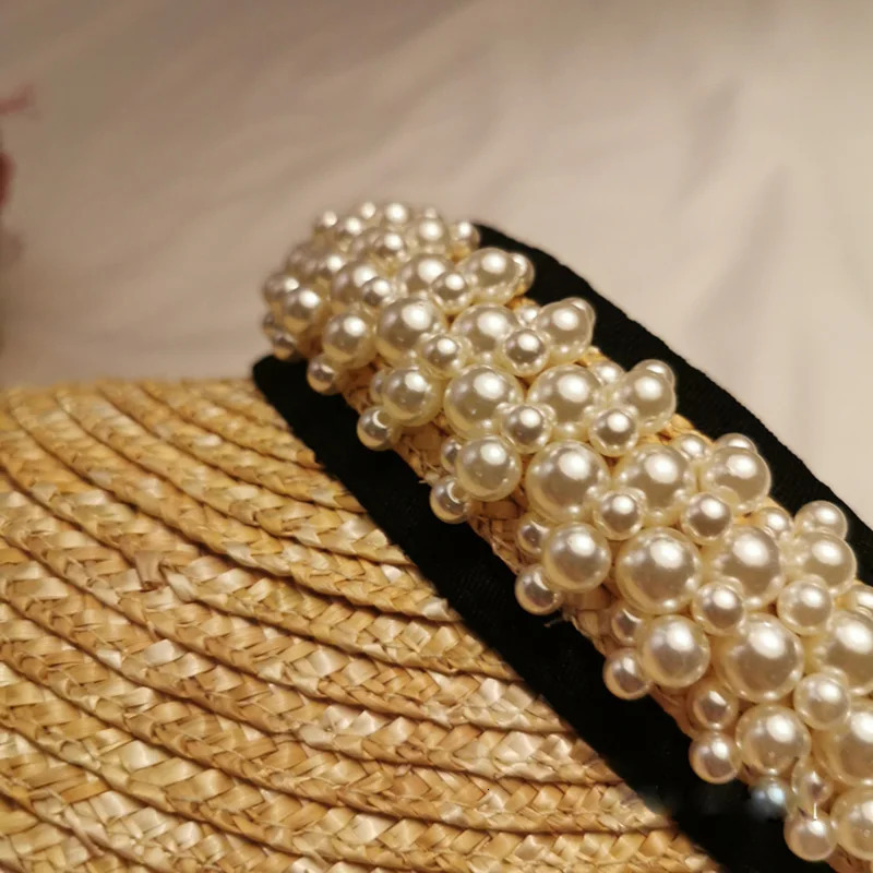 Elegant Handmade Wheat Straw And Pearl Empty Straw Sun Hats For Female Summer Sunshade Korean Seaside Beach Visor Visera Hat 250219