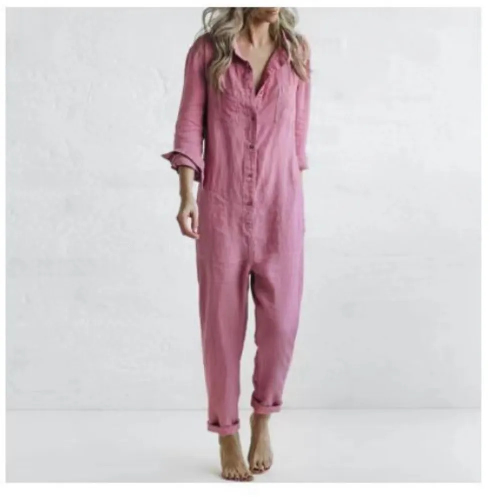 Fashion cotton linen long sleeved pocket jumpsuit for womens autumn casual loose solid color jumpsuit for womens military jumpsuit 250220