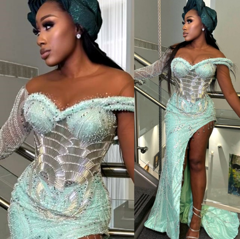 Mint Mermaid Prom Dresses 2025 Beaded Crystals Sequined Evening Formal Party Second Birthday Engagement Gowns Plus Size Dress For Special Ocns