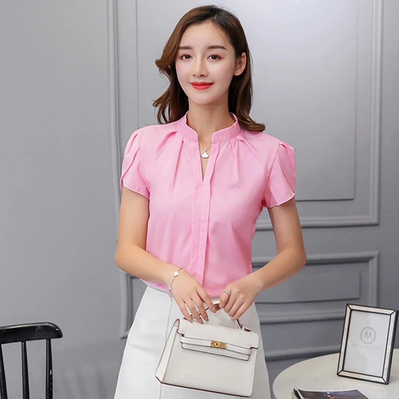 Women Chiffon Shirt Korean Elegant Slim Folds Short Sleeve Blouse Casual Office Stand Collar All Match Ladies Tops 250219