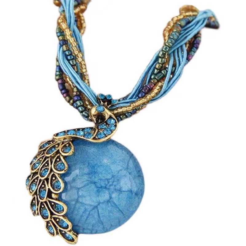 Pendant Necklaces Bohemian style tassel peacock temperament womens rice bead necklace sweater chain H25219