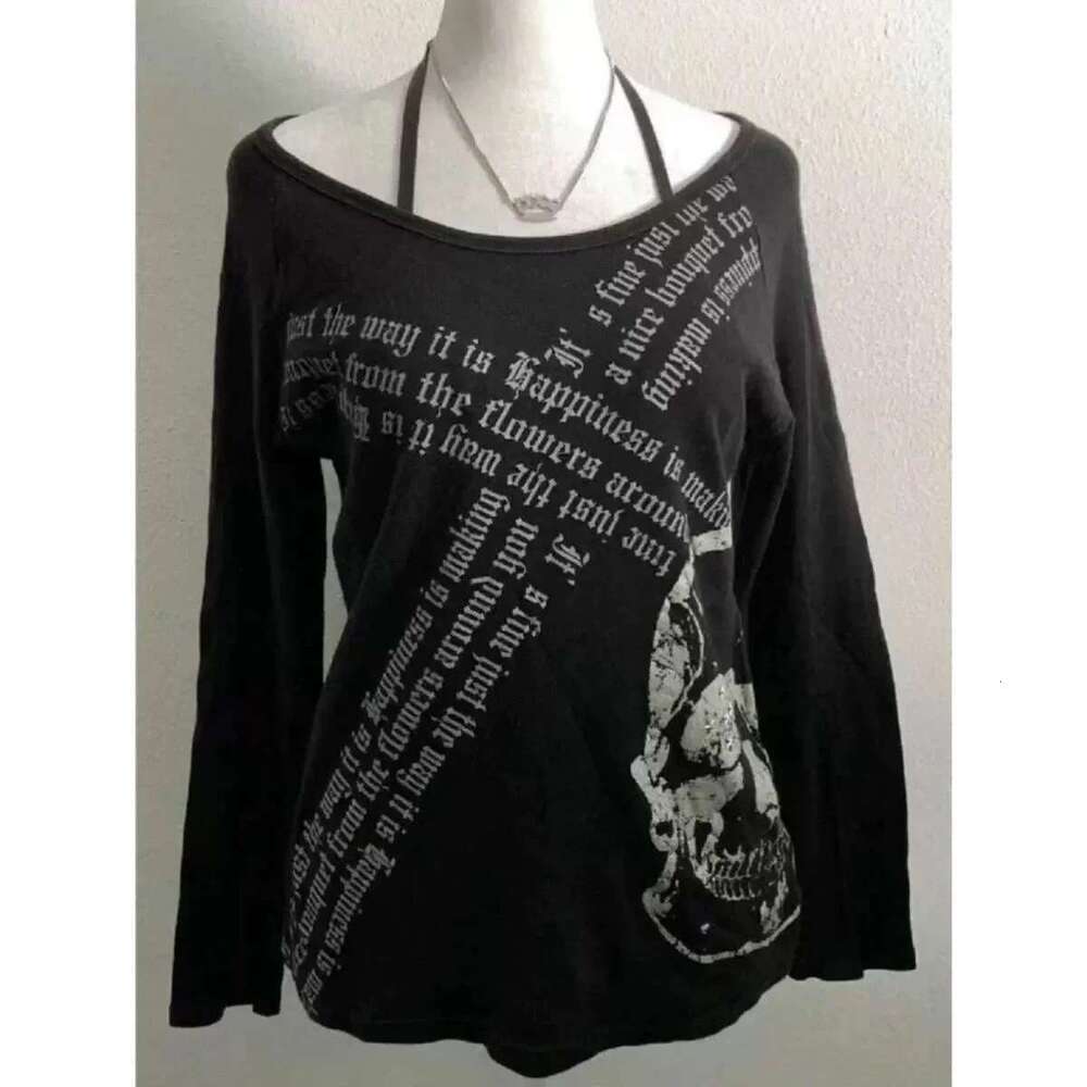 Y2K Emo women's Korean streetwear long sleeved Acubi Fairycore T-shirt skull print T-shirt gothic punk oversized top 2000s Alt clothing