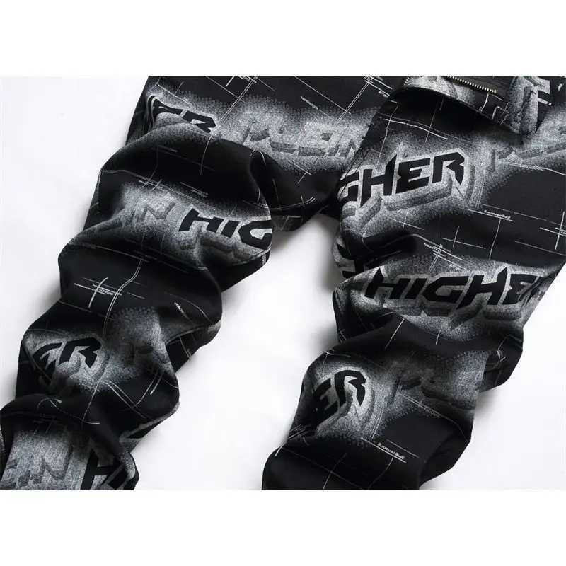 Korean Fashion Printed Slim Jeans Luxury Design Classic Mens Skinny Jeans Men Casual and Trendy Black Boyfriend Denim Pants X250220
