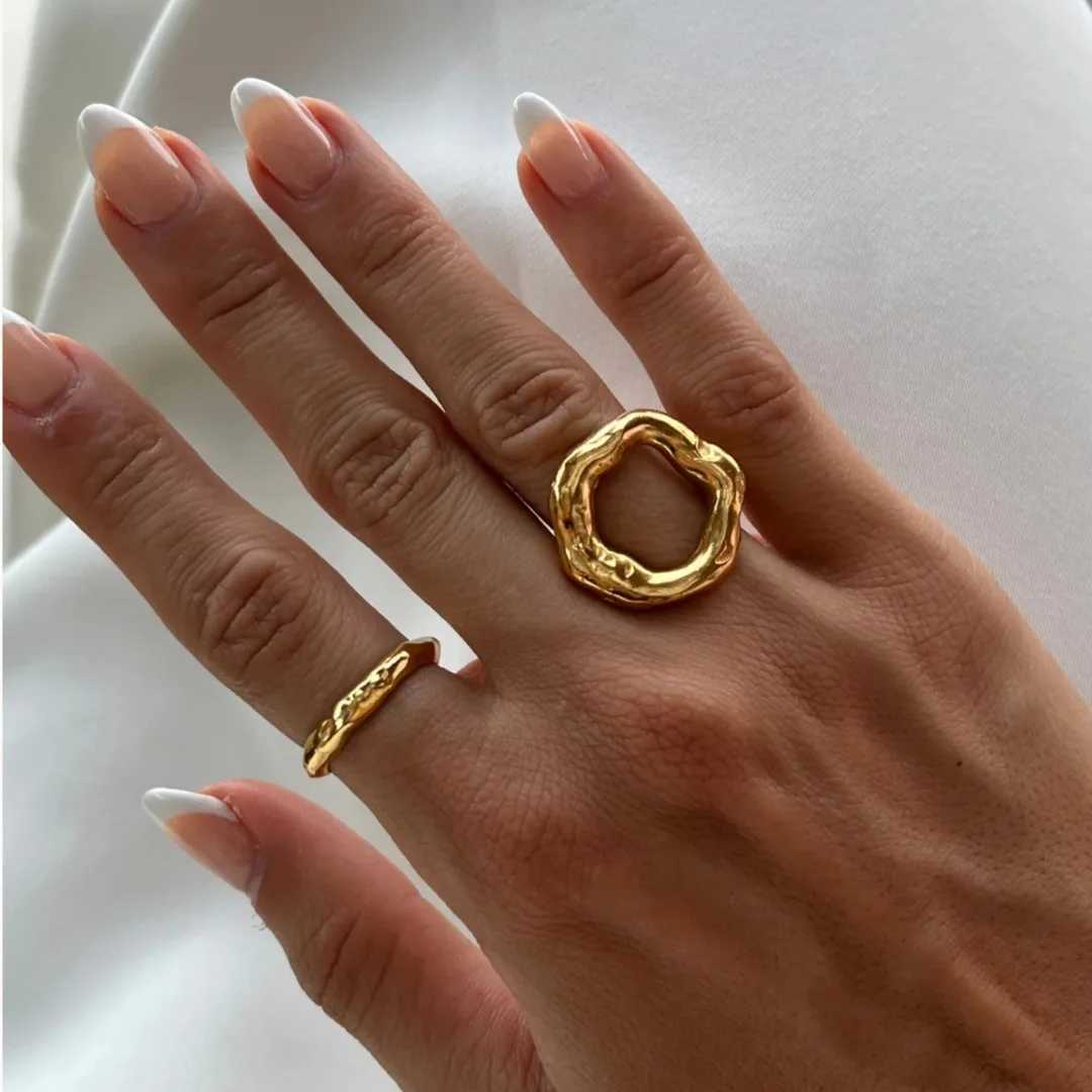 Uworld Vintage Unique Circle Motif Ring Melted Texture Detail For Wen Gold Color Texture Temperament Jewelry Waterproof Gift X250220