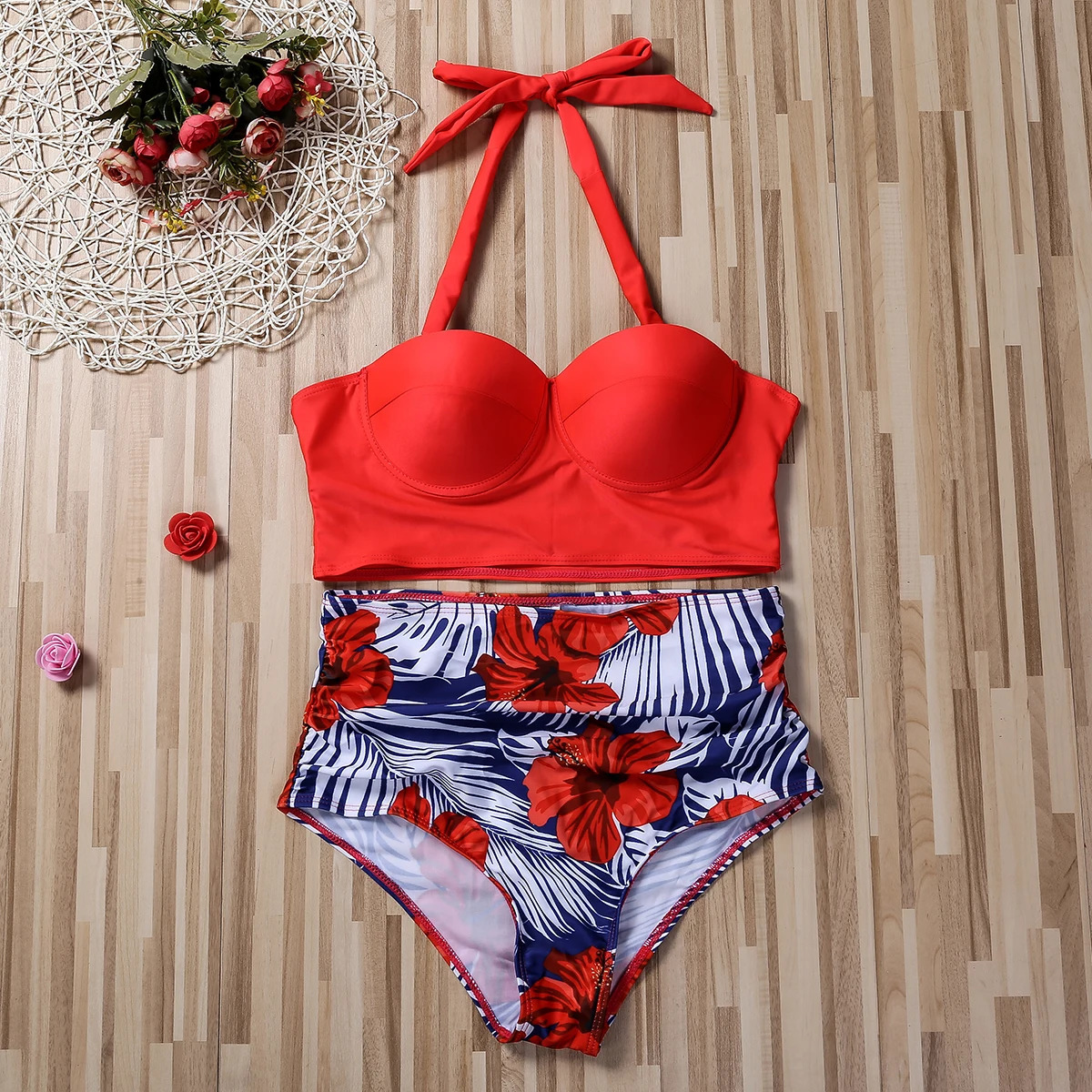 Women Push Up Bikini Set Summer Sexy Slim Flower Print Female High Waist Swimming Suits 250219