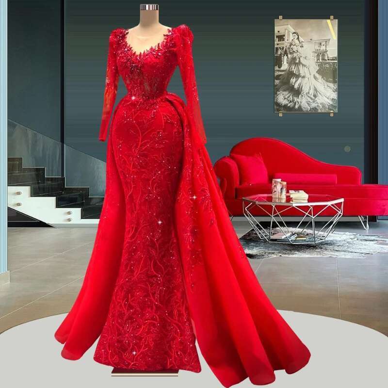 Red Tulle Beads Applique Train Detachable Long Sleeve Sweetheart Up To The Floor Formal Casual For Woman 2025 prom