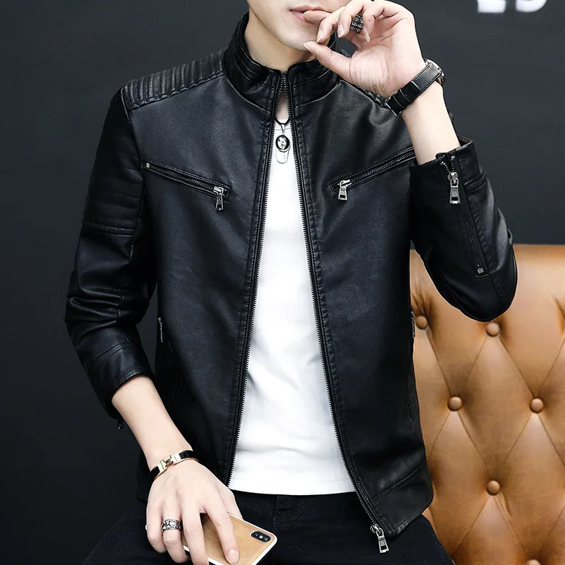 Motorcycle Jacket Mens Fashion Leather Slim Fit Stand Collar PU Male Antiwind Jackets Men Coat 250210