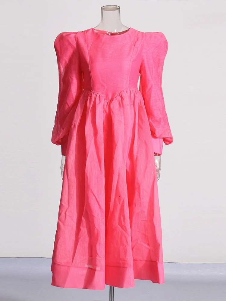 Temperament Elegant Solid Dress For Women Round Neck Lantern Sleeve High Waist Spliced Zipper Loose Dresses Female