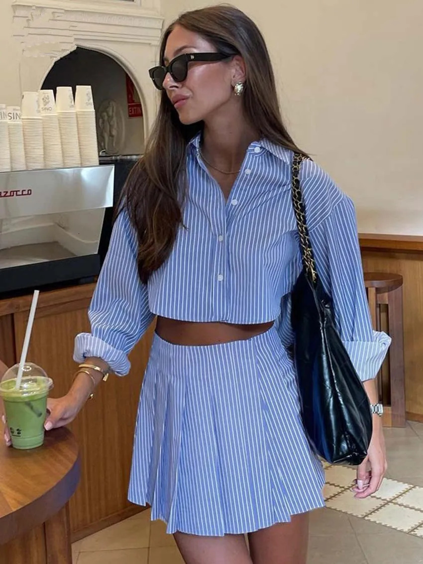 Elegant Blue Striped Print Skirt Suits For Women Fashion Long Sleeve Button Crop Tops And High Waist Pleated Skirts 2 Pieces Set 250220