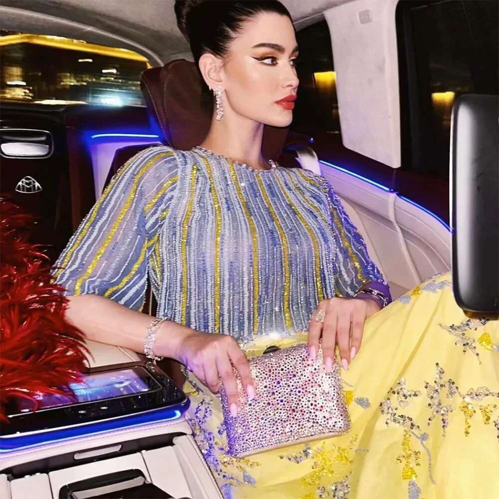 Blue Dubai And Yellow Piece Evening Gown Elegant Long Formal Prom Party Dress Customize BLA