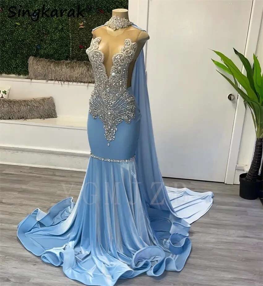 Blue Veet Long Prom Dresses 2025 Black Girls Bead Rhies With Cape Formal Evening Party Birthday Gown Graduation 0220