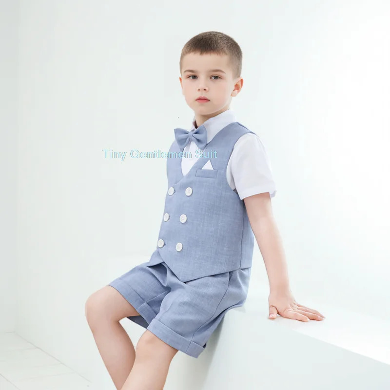 Childrens Summer Vest Suit Set Kids Fashion Wedding Host Birthday Pography Costume Kids Waistcoat Shorts Bowtie Outfit 250219