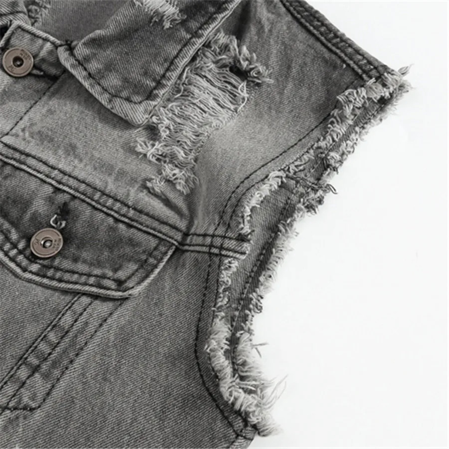 Spring Autumn Vintage Mens Denim Vest Male Sleeveless Jacket Men Grey Ripped Hole Jean Waistcoats Clothing Oversize 5XL 250219