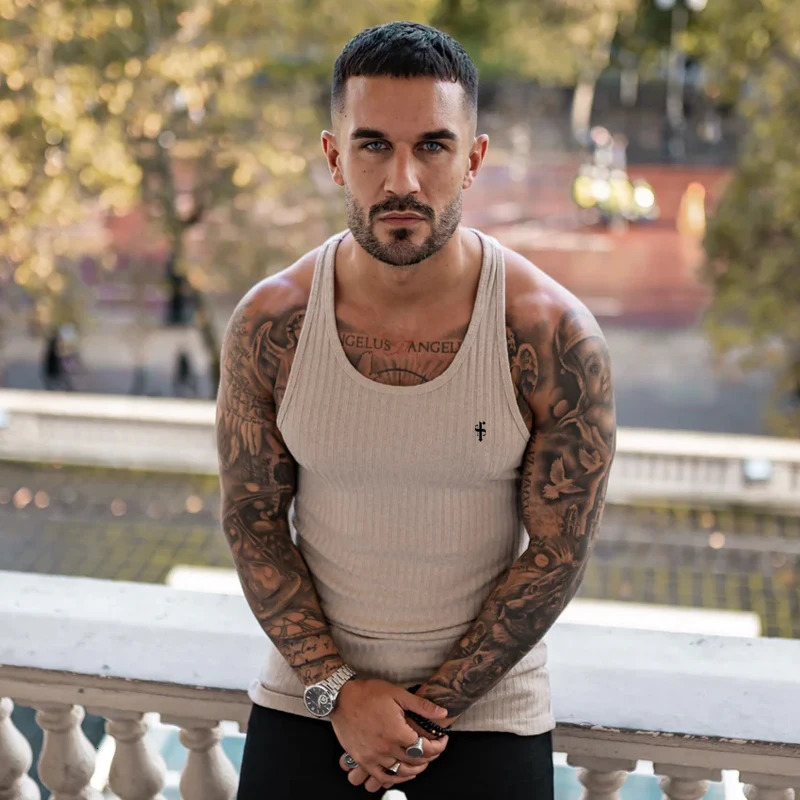 FATHER SONS Mens Vest Gym Sports Fitness Printing Sleeveless T-Shirt Striped Fabric Quick Drying Breathable Elastic Tank Top 250219