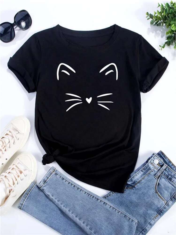 Kawaii Cat Printed Casual Designer T Shirt Summer Cute Women's T-shirts Fun Cartoon Tshirt 90s Fashion Korean Tops