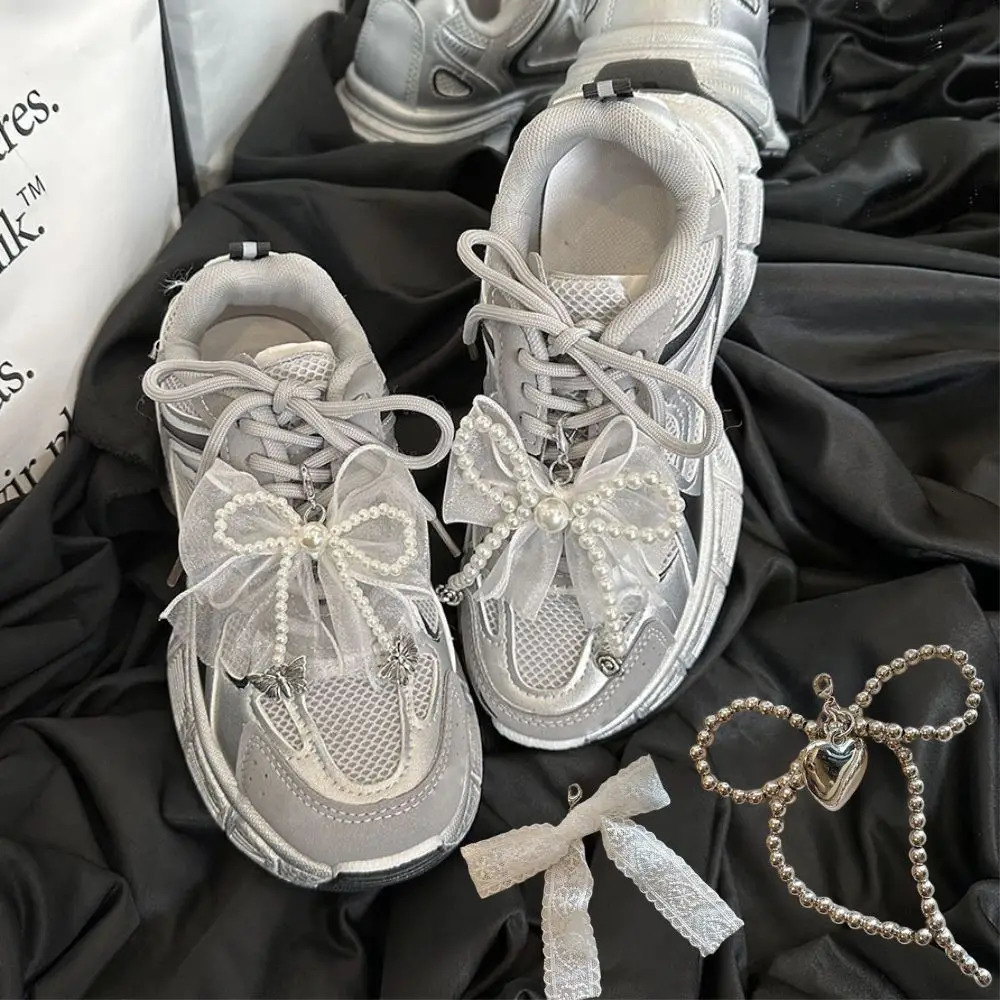Double Layered Bow Charm Shoe Buckle Sneaker Handmade Pearl Lace Shoes Clip Decoration Bag Pendant Key Chain Accessories 250219