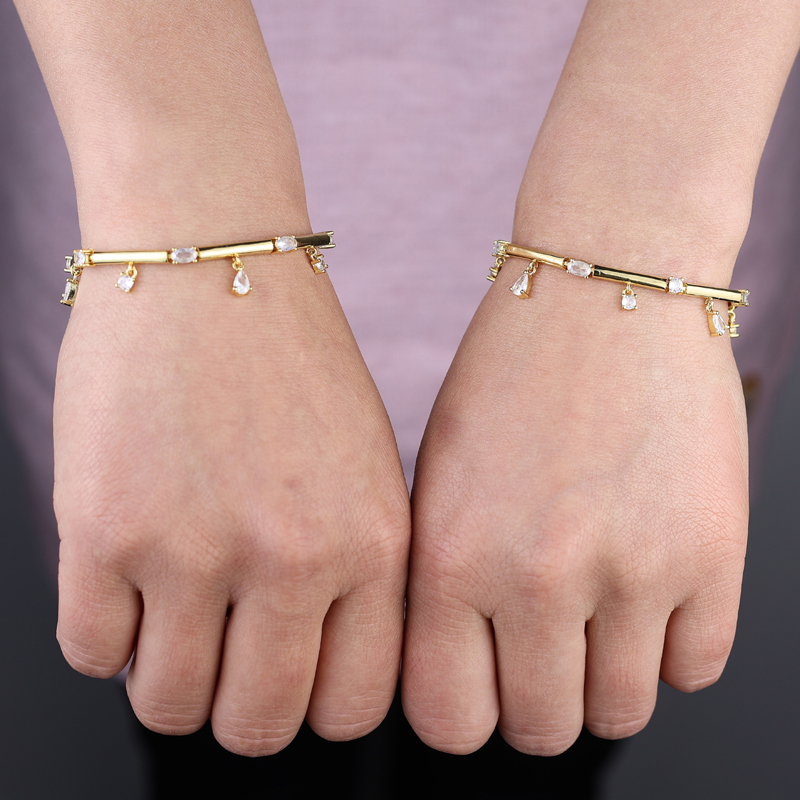 Latest Style Gold Color Geometric White CZ Drop Charm Bracelet Bar Bamboo Link Chain for Women Trendy Fashion Jewelry Gift