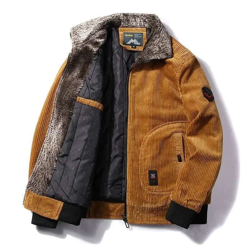 Men's ribbed velvet warm windbreaker, warm jacket, leather collar, casual jacket, plus size, winter